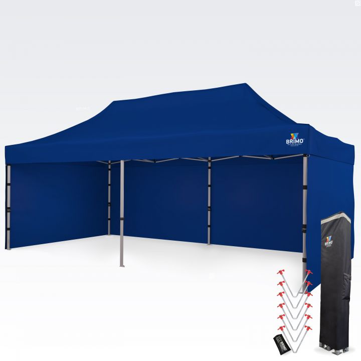 Blauwe tent: Donkerblauwe vouwtent met volledige zijwanden die een stabiele, beschermde en representatieve uitvalsbasis biedt voor elk buitenevenement.