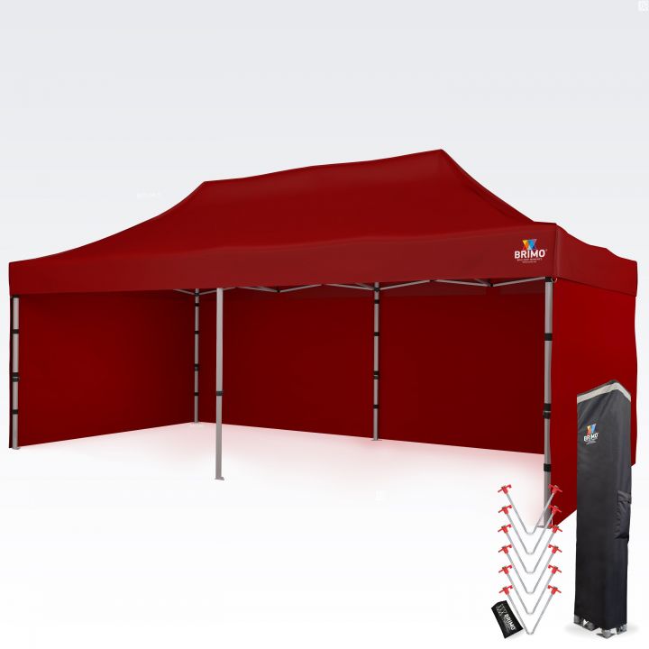 Rode tent: Felrode partytent met zijwanden, ideaal als opvallende en goed zichtbare uitvalsbasis voor sportteams, brandweerlieden en reclameactiviteiten.