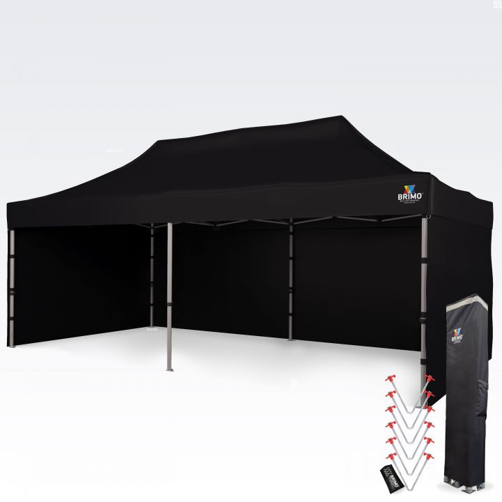 Zwarte tent (compleet): Grote zwarte opvouwbare tent met volledige zijwanden voor maximale privacy en bescherming van goederen of apparatuur tegen het weer.