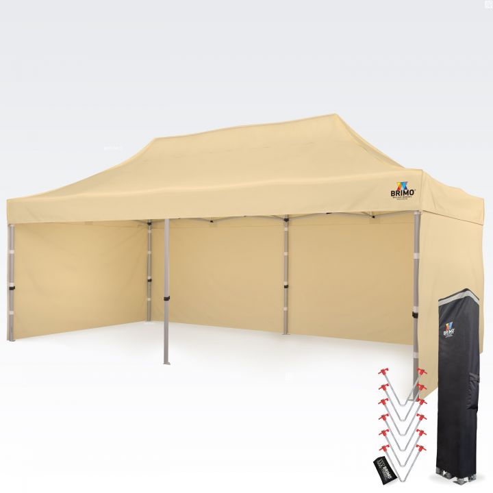 Beige tent: Elegante beige klaptent met zijpanelen, die dankzij de natuurlijke kleur perfect past in tuinen of op markten.