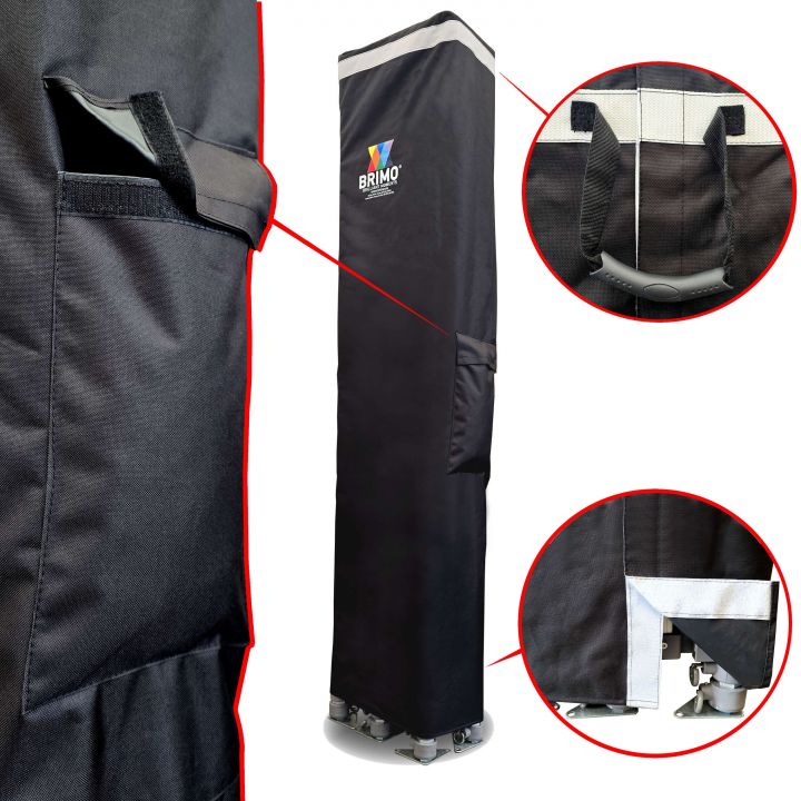 Transporttas: Praktische zwarte tenttas met wielen en handgrepen die eenvoudig transport en veilige bescherming van het frame tegen beschadiging biedt.