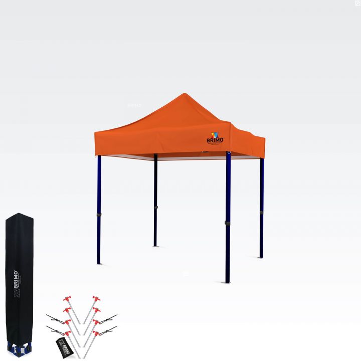 Oranje opvouwbare tent 2x2m Brimo met accessoires – haringen en een beschermende transporttas.