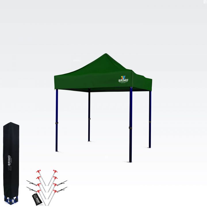 Set van de opvouwbare tent Brimo 2x2m (groene zeil, blauwe frame), inclusief beschermende draagtas en set van verankeringstaken met touwen.