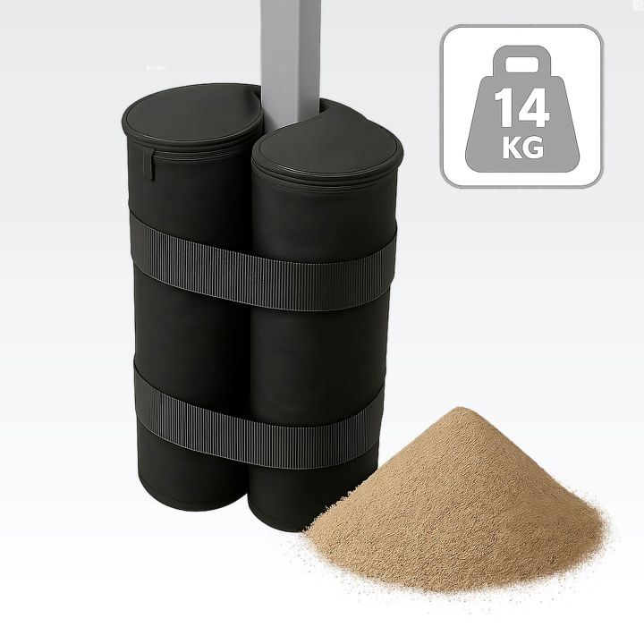 Zandgewichtzak voor een vouwwagen, klaar om met zand te worden gevuld